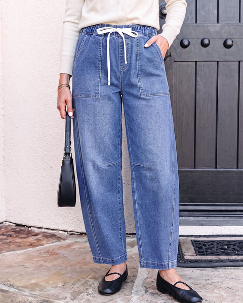 GRAPENT Jeans for Women Baggy Barrel Elastic Waist Stretchy Denim Pants | Barrel Wide Leg Jean Pants, High Waisted, Drawstring, Pull On, Ankle Length, 27.5" Inseam, Side Seams, Dressy Casual Outfits