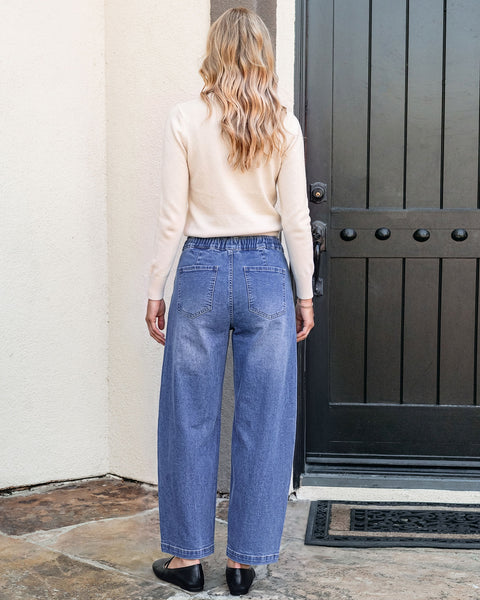 GRAPENT Jeans for Women Baggy Barrel Elastic Waist Stretchy Denim Pants | Barrel Wide Leg Jean Pants, High Waisted, Drawstring, Pull On, Ankle Length, 27.5" Inseam, Side Seams, Dressy Casual Outfits