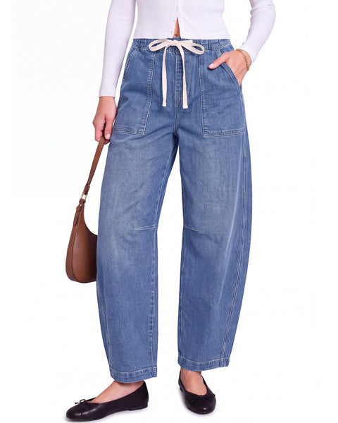 GRAPENT Jeans for Women Baggy Barrel Elastic Waist Stretchy Denim Pants | Barrel Wide Leg Jean Pants, High Waisted, Drawstring, Pull On, Ankle Length, 27.5" Inseam, Side Seams, Dressy Casual Outfits