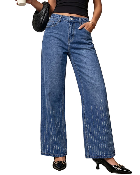 GRAPENT Rhinestone Jeans for Women High Waist Wide Leg Sparkly Denim Pants Womens Jeans Stretchy, High Rise Fit, Full Length, 29.5" Inseam, Embellished Rhinestone, Country Concert, Dressy Casual Wear