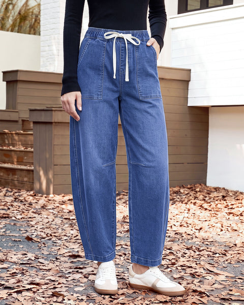 GRAPENT Jeans for Women Baggy Barrel Elastic Waist Stretchy Denim Pants | Barrel Wide Leg Jean Pants, High Waisted, Drawstring, Pull On, Ankle Length, 27.5" Inseam, Side Seams, Dressy Casual Outfits