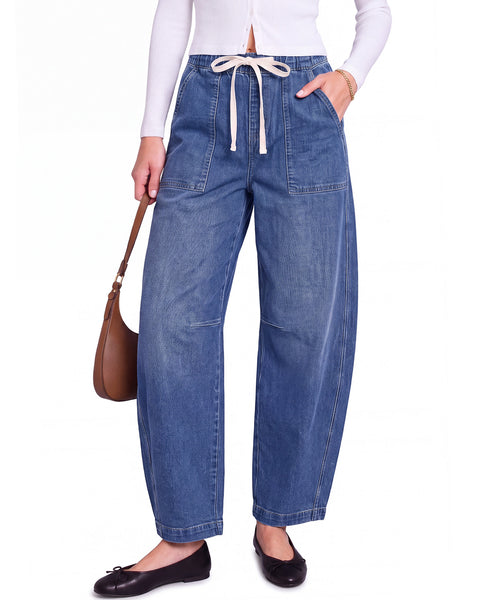 GRAPENT Jeans for Women Baggy Barrel Elastic Waist Stretchy Denim Pants | Barrel Wide Leg Jean Pants, High Waisted, Drawstring, Pull On, Ankle Length, 27.5" Inseam, Side Seams, Dressy Casual Outfits