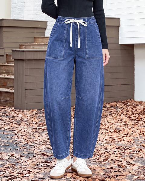 GRAPENT Jeans for Women Baggy Barrel Elastic Waist Stretchy Denim Pants | Barrel Wide Leg Jean Pants, High Waisted, Drawstring, Pull On, Ankle Length, 27.5" Inseam, Side Seams, Dressy Casual Outfits