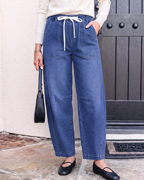 GRAPENT Jeans for Women Baggy Barrel Elastic Waist Stretchy Denim Pants | Barrel Wide Leg Jean Pants, High Waisted, Drawstring, Pull On, Ankle Length, 27.5" Inseam, Side Seams, Dressy Casual Outfits