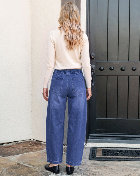 GRAPENT Jeans for Women Baggy Barrel Elastic Waist Stretchy Denim Pants | Barrel Wide Leg Jean Pants, High Waisted, Drawstring, Pull On, Ankle Length, 27.5" Inseam, Side Seams, Dressy Casual Outfits