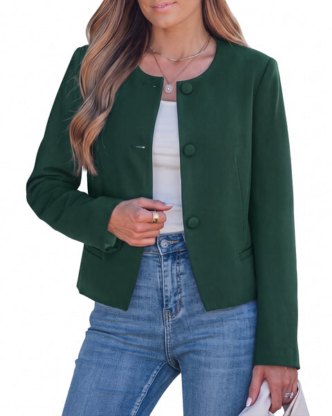 GRAPENT Cropped Blazers for Women Business Casual Collarless Blazer Jackets Collarless Round Neck, Long Sleeve, Crop Length, Shoulder Pads, Button-Front, Casual Suit Jacket, Dressy Casual, Work Office