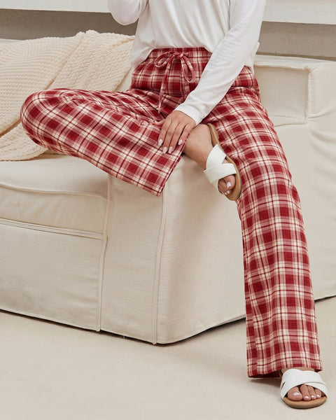 GRAPENT Plaid Pants for Women Wide Leg Elastic Waist Baggy Pull On Trousers | Tartan Pattern, High Waisted with Adjustable Drawstring, Casual Pants with Pockets, Relaxed Fit, For Daily Wear, Fall Outfits