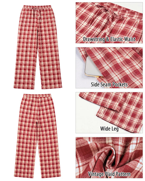 GRAPENT Plaid Pants for Women Wide Leg Elastic Waist Baggy Pull On Trousers | Tartan Pattern, High Waisted with Adjustable Drawstring, Casual Pants with Pockets, Relaxed Fit, For Daily Wear, Fall Outfits