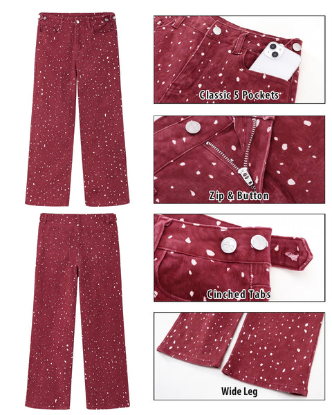 GRAPENT Straight Leg Jeans for Women Deer Print High Waisted Denim Pants Adjustable Cinched Waist, Stretchy, Allover Speckled Print, Full Length, 29.5" Inseam, Country Concert, Casual Daily Wear
