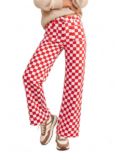 GRAPENT Women's Wide Leg Jeans High Waisted Trendy Stretchy Checkered Pants Checkerboard Print, High Rise, Wide-Leg Cut, Front Patch Pockets, Stretch Denim Pants, Weekend Casual, Classic Retro Style