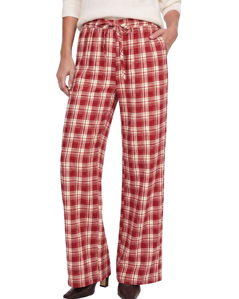 GRAPENT Plaid Pants for Women Wide Leg Elastic Waist Baggy Pull On Trousers | Tartan Pattern, High Waisted with Adjustable Drawstring, Casual Pants with Pockets, Relaxed Fit, For Daily Wear, Fall Outfits