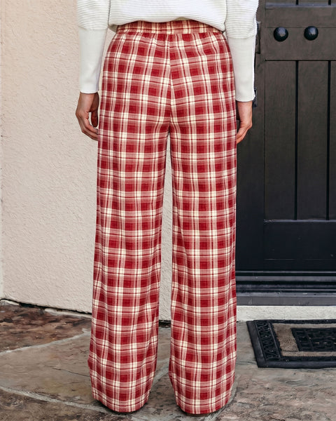 GRAPENT Plaid Pants for Women Wide Leg Elastic Waist Baggy Pull On Trousers | Tartan Pattern, High Waisted with Adjustable Drawstring, Casual Pants with Pockets, Relaxed Fit, For Daily Wear, Fall Outfits