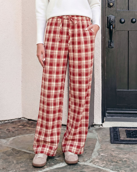 GRAPENT Plaid Pants for Women Wide Leg Elastic Waist Baggy Pull On Trousers | Tartan Pattern, High Waisted with Adjustable Drawstring, Casual Pants with Pockets, Relaxed Fit, For Daily Wear, Fall Outfits