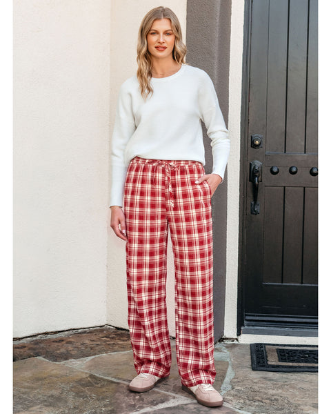 GRAPENT Plaid Pants for Women Wide Leg Elastic Waist Baggy Pull On Trousers | Tartan Pattern, High Waisted with Adjustable Drawstring, Casual Pants with Pockets, Relaxed Fit, For Daily Wear, Fall Outfits