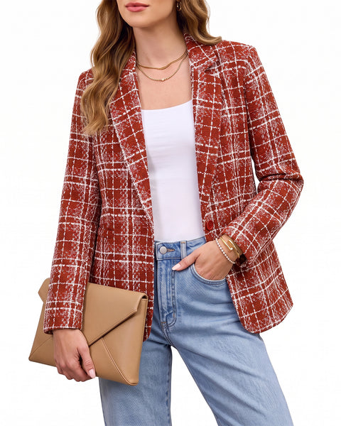 GRAPENT Tweed Blazers for Women Plaid Jacket Long Sleeve Work Casual Blazer | Notched Lapel, Fully Lined, Shoulder Pads, Single Button, 2 Pockets, Interview, Office outfits, Business Casual Blazers