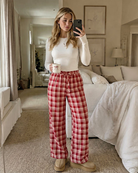 GRAPENT Plaid Pants for Women Wide Leg Elastic Waist Baggy Pull On Trousers | Tartan Pattern, High Waisted with Adjustable Drawstring, Casual Pants with Pockets, Relaxed Fit, For Daily Wear, Fall Outfits