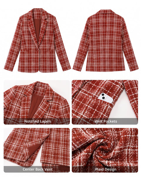 GRAPENT Tweed Blazers for Women Plaid Jacket Long Sleeve Work Casual Blazer | Notched Lapel, Fully Lined, Shoulder Pads, Single Button, 2 Pockets, Interview, Office outfits, Business Casual Blazers