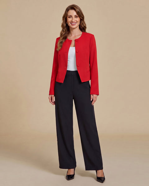 GRAPENT Cropped Blazers for Women Business Casual Collarless Blazer Jackets Collarless Round Neck, Long Sleeve, Crop Length, Shoulder Pads, Button-Front, Casual Suit Jacket, Dressy Casual, Work Office