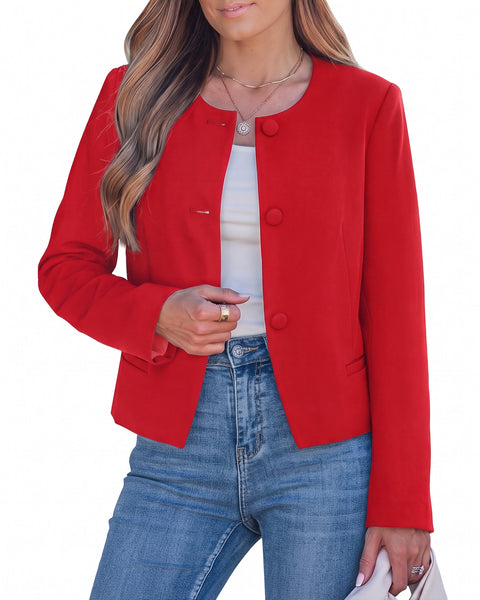 GRAPENT Cropped Blazers for Women Business Casual Collarless Blazer Jackets Collarless Round Neck, Long Sleeve, Crop Length, Shoulder Pads, Button-Front, Casual Suit Jacket, Dressy Casual, Work Office