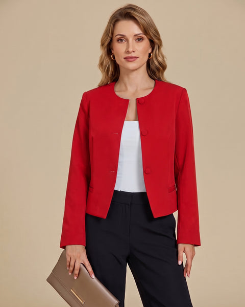 GRAPENT Cropped Blazers for Women Business Casual Collarless Blazer Jackets Collarless Round Neck, Long Sleeve, Crop Length, Shoulder Pads, Button-Front, Casual Suit Jacket, Dressy Casual, Work Office