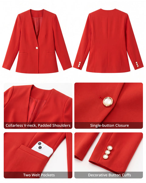 GRAPENT Blazers for Women Dressy Casual Collarless Long Sleeves Suit Jacket Blazers for Women Business Casual, Fully Lined, Shoulder Pads, Single Button, Two Pockets, Work Casual Wear, Interview Outfit