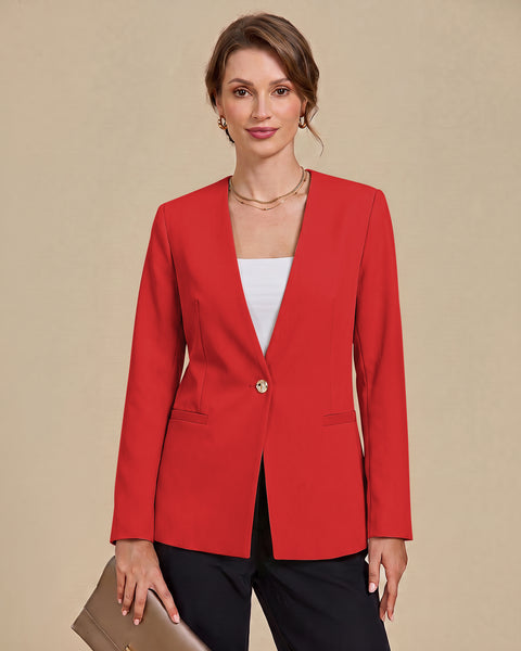 GRAPENT Blazers for Women Dressy Casual Collarless Long Sleeves Suit Jacket Blazers for Women Business Casual, Fully Lined, Shoulder Pads, Single Button, Two Pockets, Work Casual Wear, Interview Outfit