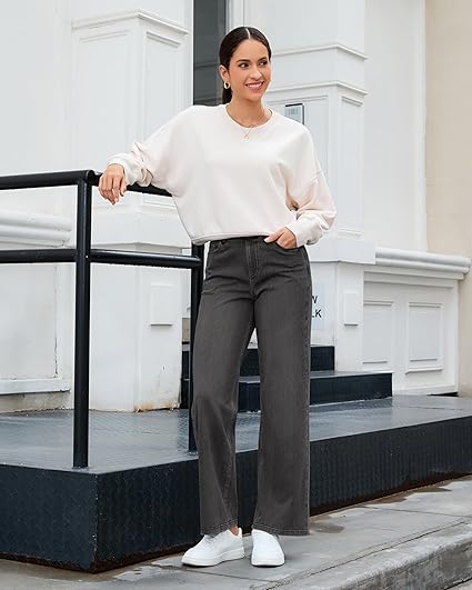 GRAPENT Wide Leg Jeans for Women High Waisted Trendy Pull On Elastic Waist Soft Stretchy Denim Pants Sweatpant Jeans