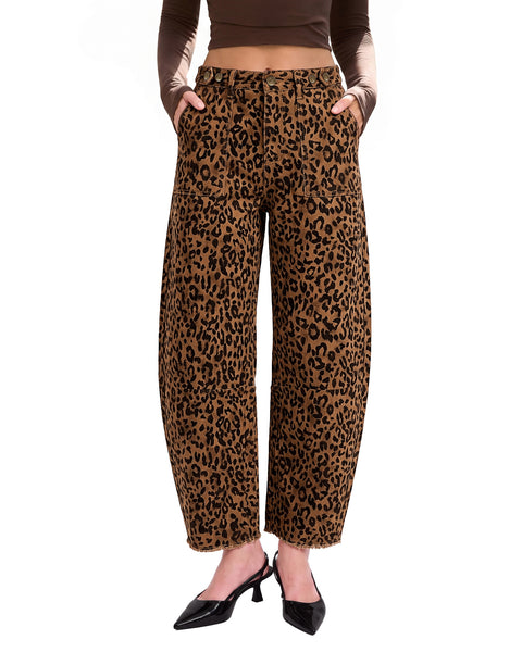 GRAPENT Leopard Barrel Jeans Women High Rise Frayed Hem Cheetah Print Pants | Adjustable Cinched Waist, Ankle Length, 28" Inseam, High Waisted, Leopard Print, Country Concert Outfits, Casual Work Wear
