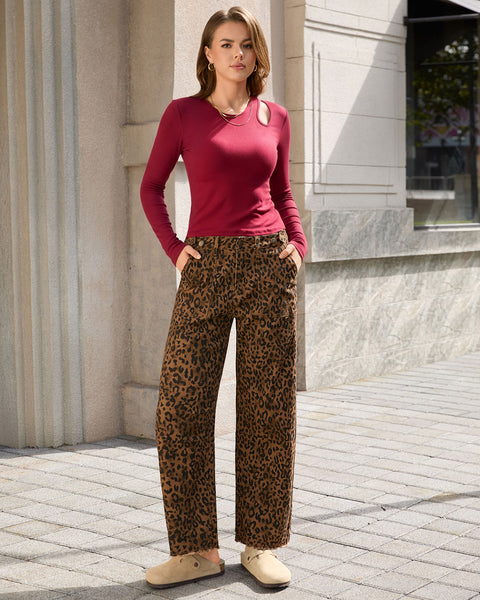GRAPENT Leopard Barrel Jeans Women High Rise Frayed Hem Cheetah Print Pants | Adjustable Cinched Waist, Ankle Length, 28" Inseam, High Waisted, Leopard Print, Country Concert Outfits, Casual Work Wear