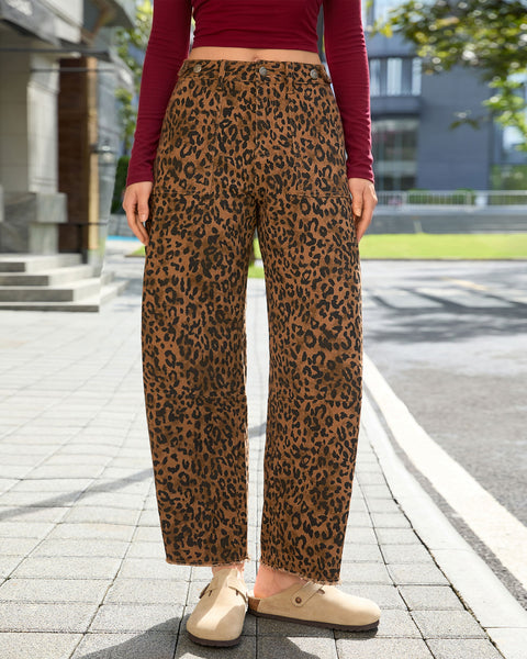 GRAPENT Leopard Barrel Jeans Women High Rise Frayed Hem Cheetah Print Pants | Adjustable Cinched Waist, Ankle Length, 28" Inseam, High Waisted, Leopard Print, Country Concert Outfits, Casual Work Wear