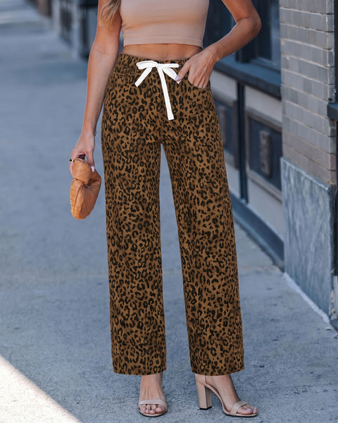 GRAPENT Leopard Jeans for Women Wide Leg High Waisted Cheetah Print Pants | High Rise, Drawstring Waist, Loose Straight Leg, Leopard Print Denim Pants, 28'' Inseam, Fit for Dressy Casual, Everyday Wear