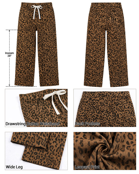 GRAPENT Leopard Jeans for Women Wide Leg High Waisted Cheetah Print Pants | High Rise, Drawstring Waist, Loose Straight Leg, Leopard Print Denim Pants, 28'' Inseam, Fit for Dressy Casual, Everyday Wear