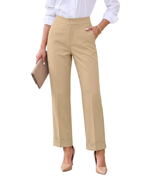 GRAPENT Dress Pants Women Ankle Straight Leg Business Casual Work Trousers Office Pants, Cuffed Hem, High Waisted, Elastic Back Waist, Stretchy Dressy Casual Slacks, Work Wear, Business Casual Outfits