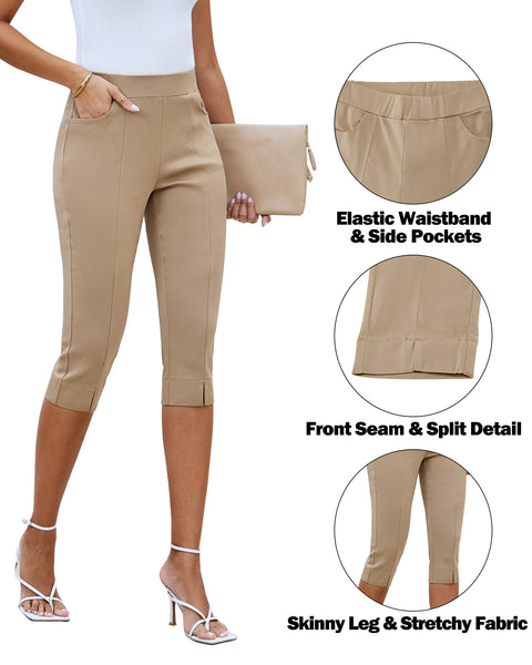 GRAPENT Capri Pants for Women High Waisted Pull On Elastic Waist Dressy Casual Stretchy Capris Trousers Pants Pockets