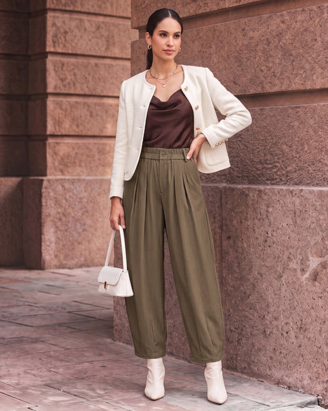 GRAPENT Dress Barrel Pants Women High Waisted Tapered Ankle Work Trousers Elastic Waist with Button-zip Closure, Pleated, 27" Inseam, 4 Pockets, Slacks for Women Business Casual, Work Office Outfits