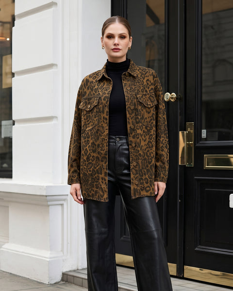 GRAPENT Women's Leopard Jean Jacket Oversized Cheetah Print Denim Shacket Non‑stretch, Leopard Print, Longline Silhouette, Button Down Denim Jackets, Flap Chest Pockets, Casual Outings, Fall Outfits