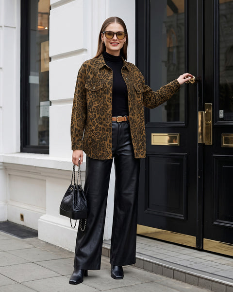 GRAPENT Women's Leopard Jean Jacket Oversized Cheetah Print Denim Shacket Non‑stretch, Leopard Print, Longline Silhouette, Button Down Denim Jackets, Flap Chest Pockets, Casual Outings, Fall Outfits