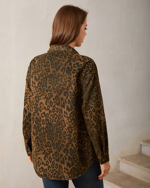 GRAPENT Women's Leopard Jean Jacket Oversized Cheetah Print Denim Shacket Non‑stretch, Leopard Print, Longline Silhouette, Button Down Denim Jackets, Flap Chest Pockets, Casual Outings, Fall Outfits