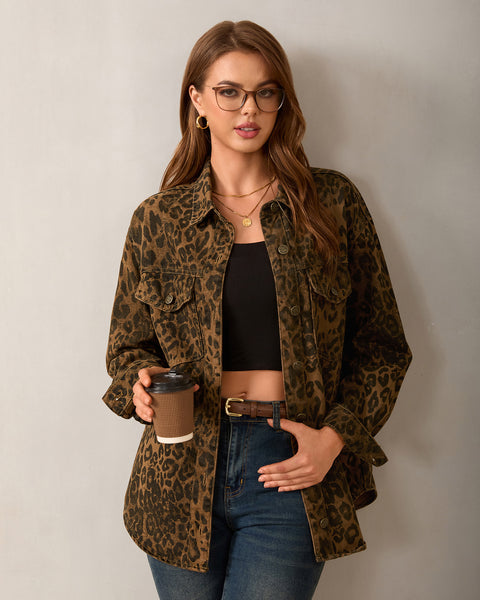 GRAPENT Women's Leopard Jean Jacket Oversized Cheetah Print Denim Shacket Non‑stretch, Leopard Print, Longline Silhouette, Button Down Denim Jackets, Flap Chest Pockets, Casual Outings, Fall Outfits