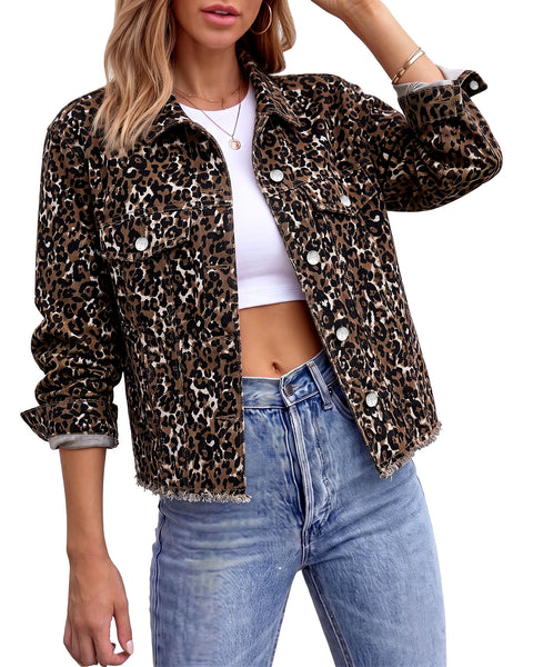 GRAPENT Leopard Jean Jacket Women Cheetah Print Stretchy Frayed Hem Jackets Long Sleeve, Turn-Down Collar, Button Up Denim Jackets, Animal Print, Raw Hem, Four Pockets, Casual Daily Wear, Fall Outfits
