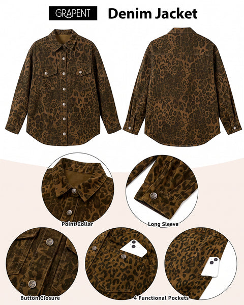 GRAPENT Women's Leopard Jean Jacket Oversized Cheetah Print Denim Shacket Non‑stretch, Leopard Print, Longline Silhouette, Button Down Denim Jackets, Flap Chest Pockets, Casual Outings, Fall Outfits