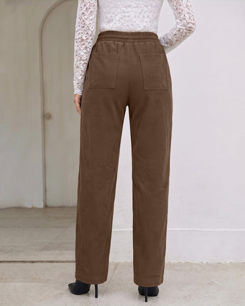 GRAPENT Corduroy Pants Women Straight Leg Leopard Print Drawstring Trousers High Waisted Fit, Elastic Waist with Cheetah Print Drawstring, Easy Pull On Style, Casual Work Pants, Fall Winter Outfits