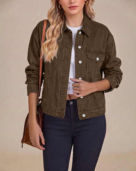 GRAPENT Jean Jacket Women Trendy Button Up Classic Oversized Denim Jackets Loose Fit, Side Seam Tabs for Adjustable Fit, Functional Pockets, Denim Trucker Jackets, Work Casual Oufits, Weekend Outings