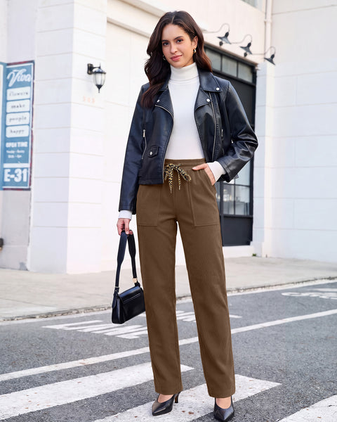 GRAPENT Corduroy Pants Women Straight Leg Leopard Print Drawstring Trousers High Waisted Fit, Elastic Waist with Cheetah Print Drawstring, Easy Pull On Style, Casual Work Pants, Fall Winter Outfits
