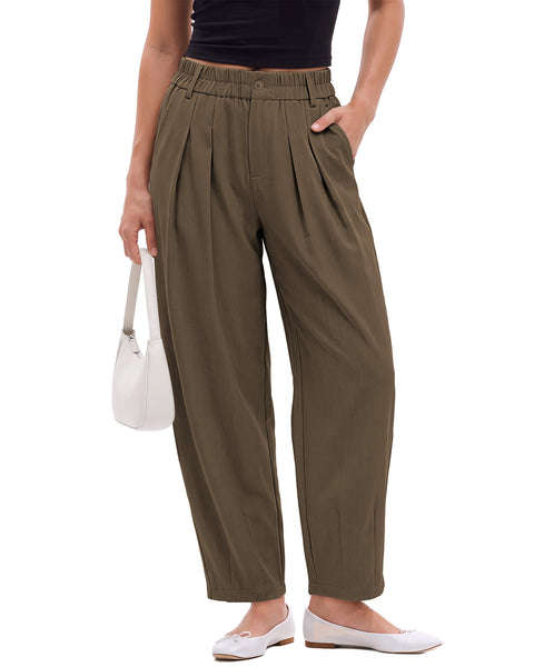 GRAPENT Dress Barrel Pants Women High Waisted Tapered Ankle Work Trousers Elastic Waist with Button-zip Closure, Pleated, 27" Inseam, 4 Pockets, Slacks for Women Business Casual, Work Office Outfits