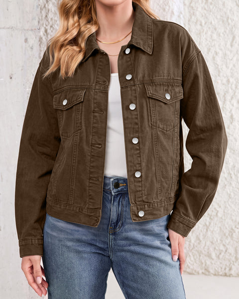 GRAPENT Jean Jacket Women Trendy Button Up Classic Oversized Denim Jackets Loose Fit, Side Seam Tabs for Adjustable Fit, Functional Pockets, Denim Trucker Jackets, Work Casual Oufits, Weekend Outings