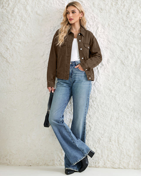 GRAPENT Jean Jacket Women Trendy Button Up Classic Oversized Denim Jackets Loose Fit, Side Seam Tabs for Adjustable Fit, Functional Pockets, Denim Trucker Jackets, Work Casual Oufits, Weekend Outings
