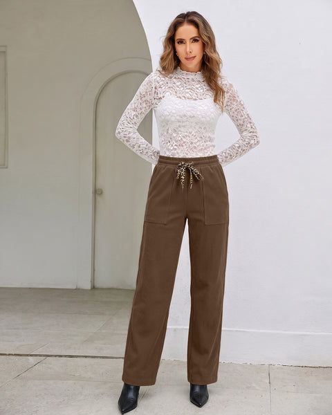 GRAPENT Corduroy Pants Women Straight Leg Leopard Print Drawstring Trousers High Waisted Fit, Elastic Waist with Cheetah Print Drawstring, Easy Pull On Style, Casual Work Pants, Fall Winter Outfits