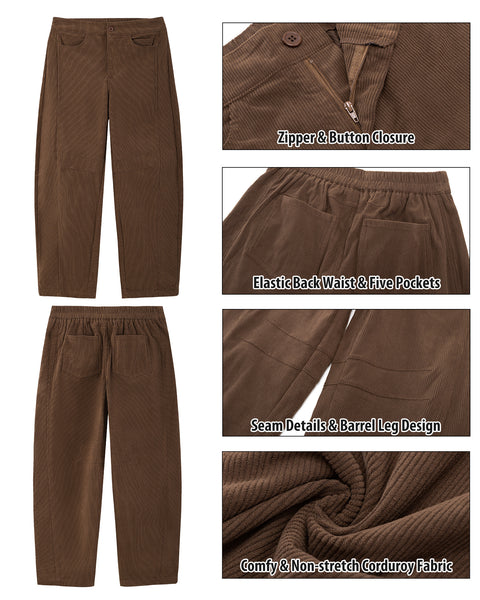 GRAPENT Corduroy Pants Women Barrel Elastic Waist Ankle Work Casual Trouser High Waisted Fit, Barrel Leg, Ankle Length, 27.5" Inseam, Functional Pockets, Fall Winter Pants, Dressy Casual Outfits