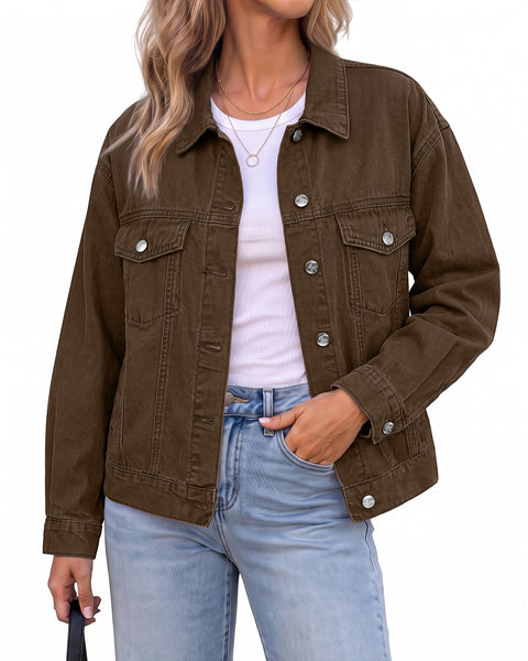 GRAPENT Jean Jacket Women Trendy Button Up Classic Oversized Denim Jackets Loose Fit, Side Seam Tabs for Adjustable Fit, Functional Pockets, Denim Trucker Jackets, Work Casual Oufits, Weekend Outings